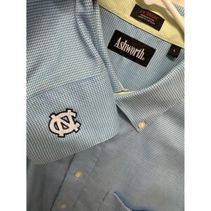 Ashworth Mens UNC Tar Heels Button Down Shirt Blue Check EZ-Tech Cotton Large